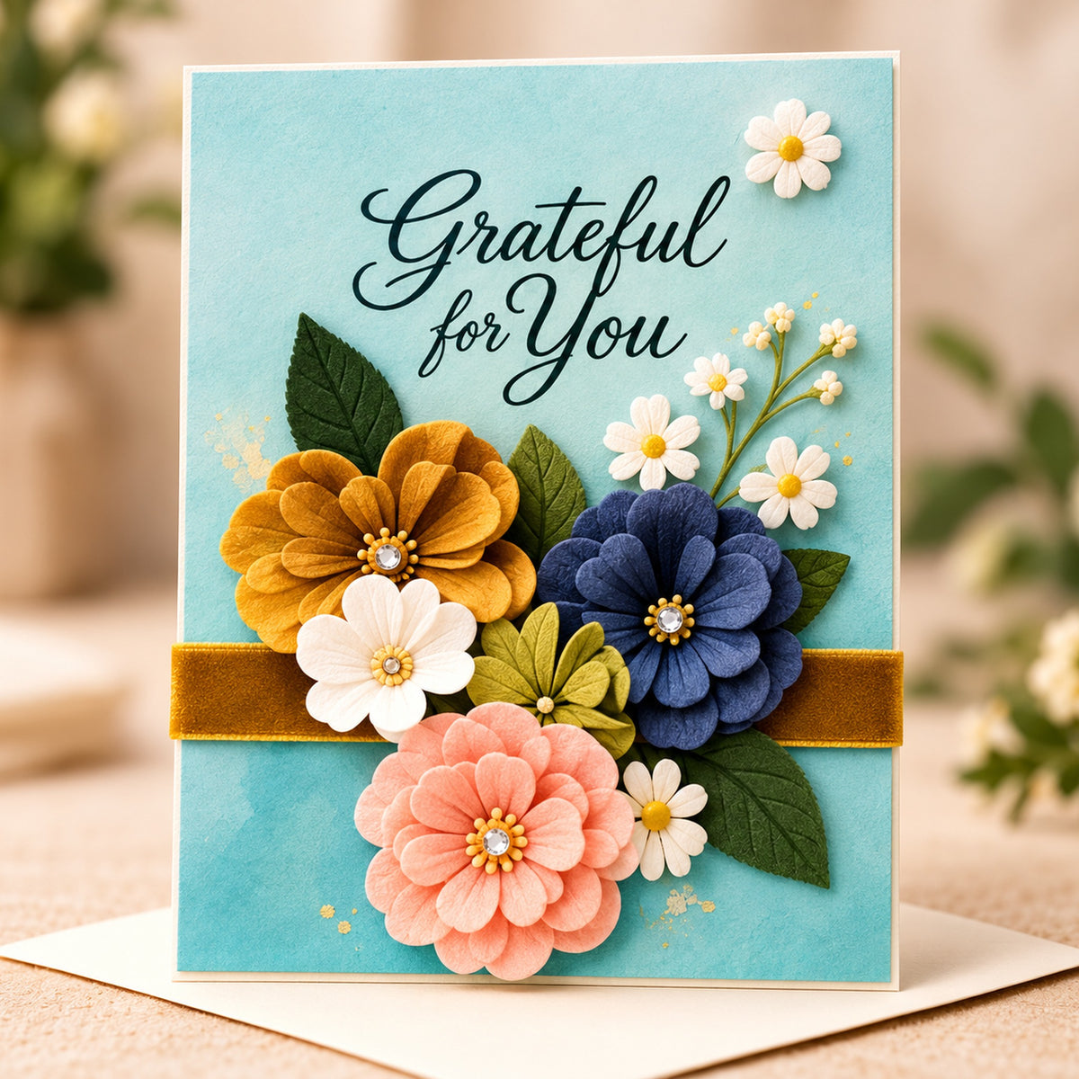 "Grateful for You" Turquoise Bouquet Card