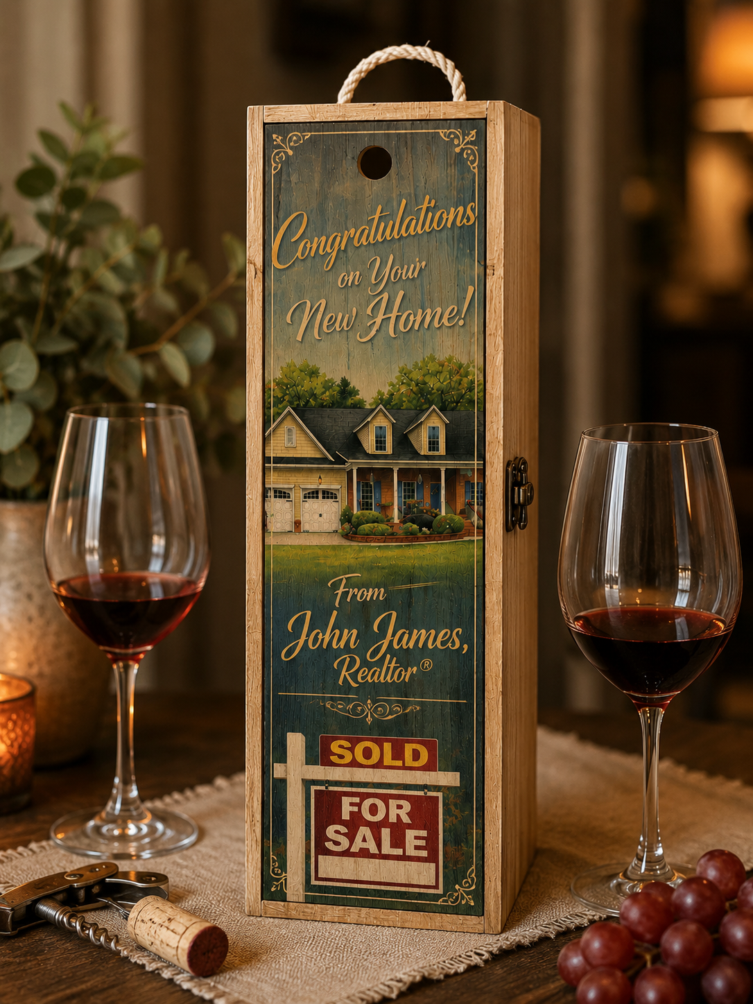 Wooden wine box with Congratulations on Your New Home realtor closing gift label and personalized agent name