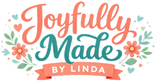 Logo for 'Joyfully Made by Linda' with colorful text and floral elements on a white background