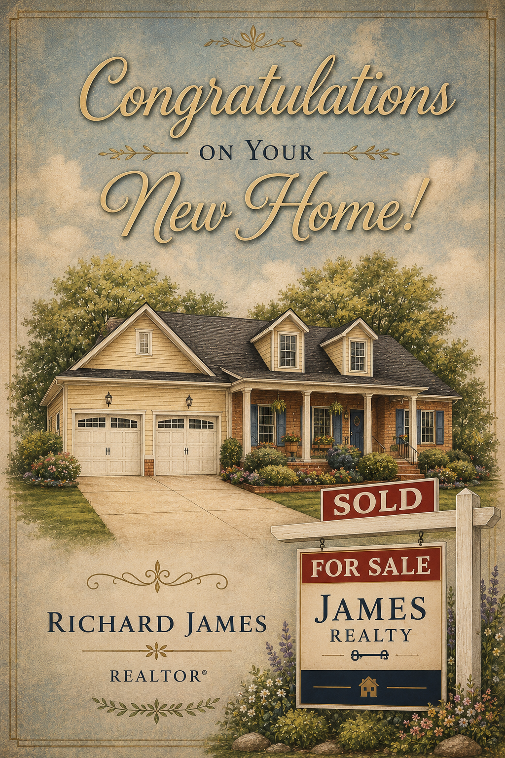 Realtor closing gift mockup with Congratulations on Your New Home sign and custom for sale and sold yard signs