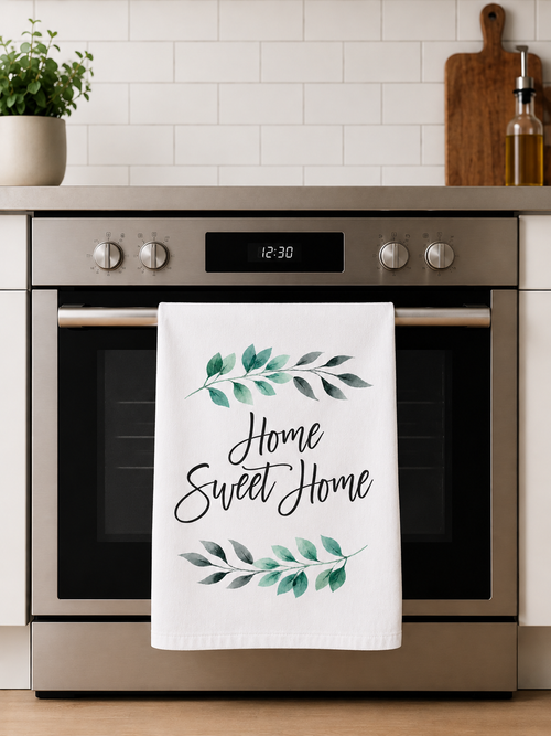 Kitchen towel with 'Home Sweet Home' text and green leaves hanging on a kitchen oven.
